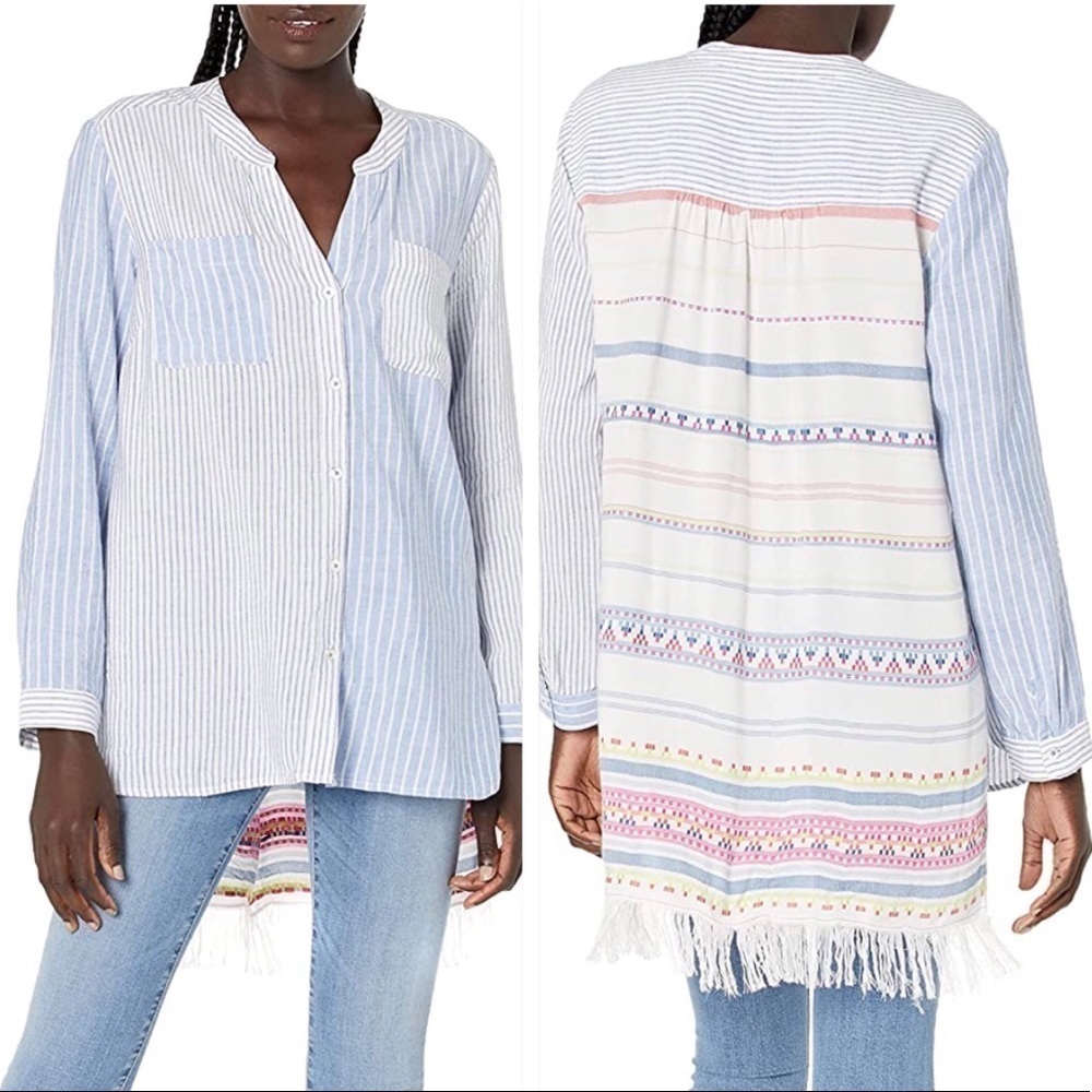 Nic + Zoe Bohemian Tunic linen Fringe‎ blend size Small Festival Artsy Oversized